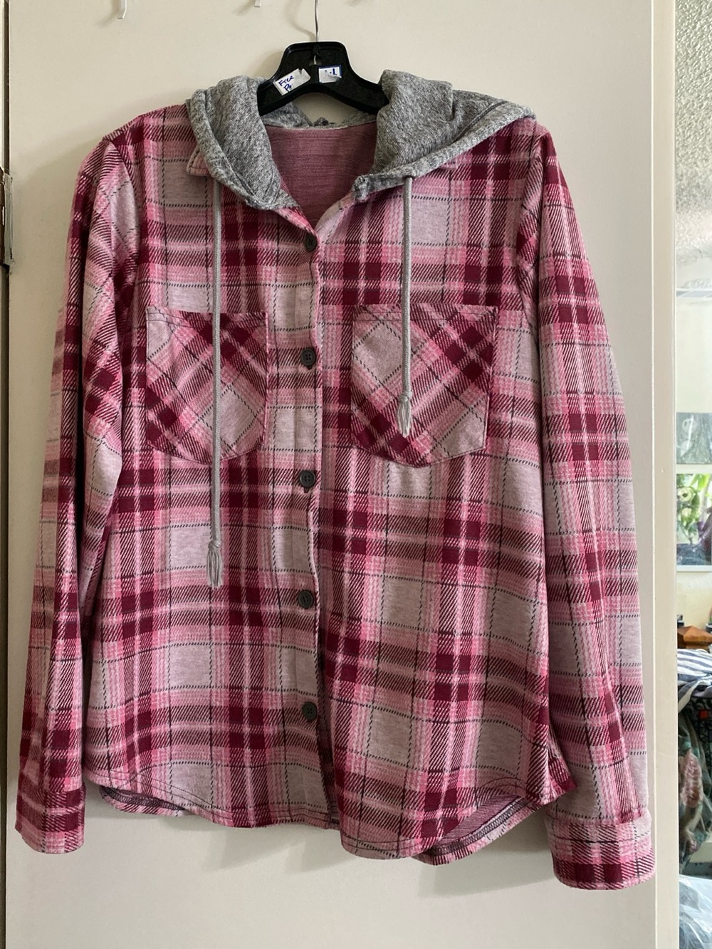Forever 21 flannel Pink Plaid Hooded Button-Up Shirt Jacket